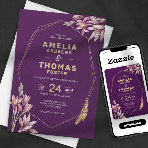 Elegant Plum and Gold Geometric Floral Wedding Invitation