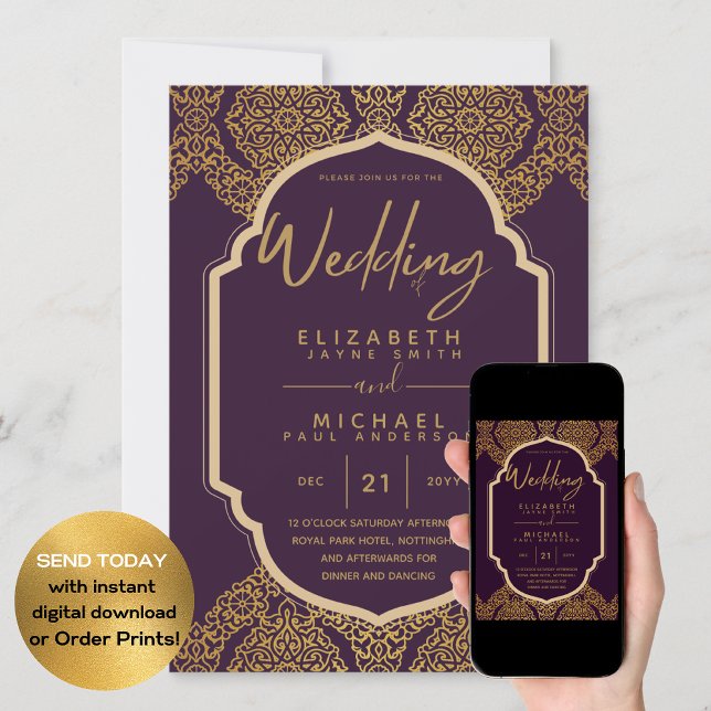 Elegant Plum Berry Gold Ornate Wedding Invitation (Creator Uploaded)
