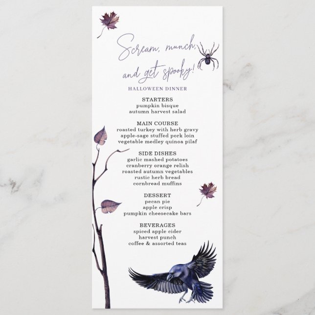 Elegant Plum & Black Crow Halloween Party Dinner Menu (Front)