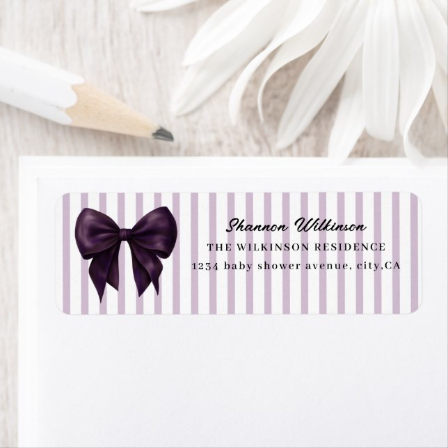 Elegant Plum Bow Violet Stripe Label Return Address Label (Insitu)