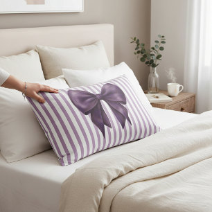 Elegant Plum Bow White Lavender Stripes Pillowcase