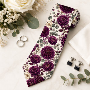 Elegant Plum Dahlia & Rose Floral Tie