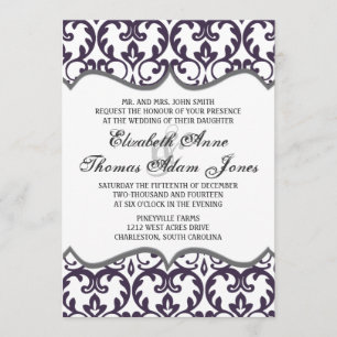 Elegant Plum Damask Heart Wedding Invitation