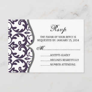Elegant Plum Damask Heart Wedding RSVP Card