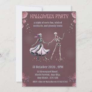 Elegant Plum Dancing Skeletons Halloween Party Invitation