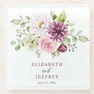 Elegant Plum Floral Fall Winter Wedding Glass Coaster