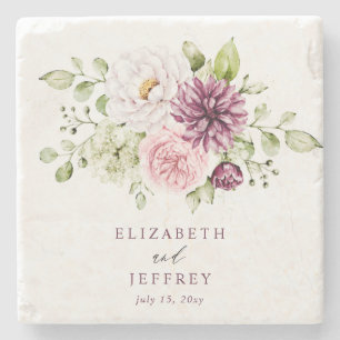 Elegant Plum Floral Fall Winter Wedding Stone Coaster