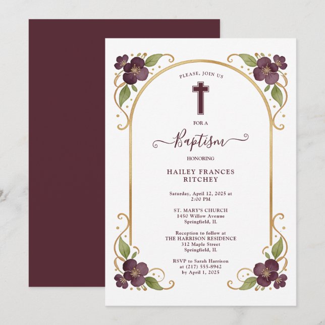 Elegant Plum Floral Gold Arch Baptism Celebration  Invitation (Front/Back)