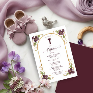 Elegant Plum Floral Gold Arch Baptism Celebration  Invitation
