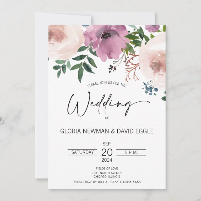 Elegant Plum Floral Wedding Invitation (Front)