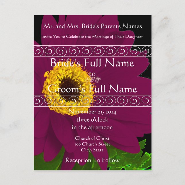 Elegant Plum Gerber Daisy Wedding Invitation (Front)