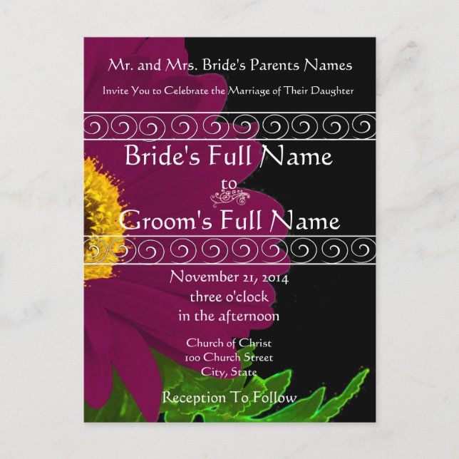 Elegant Plum Gerber Daisy Wedding Invitation Postcard (Front)
