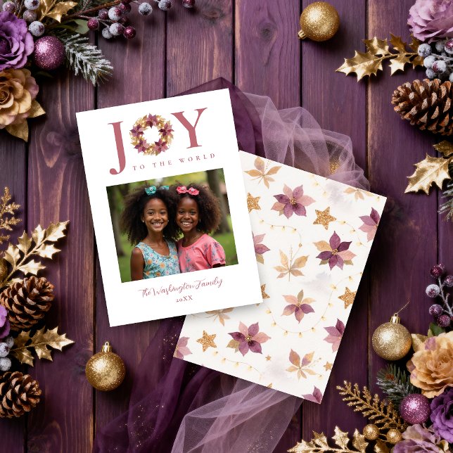 Elegant Plum Glitter Poinsettias Christmas Wreath Holiday Card (Elegant Plum Glitter Poinsettias Christmas Wreath Photo Family Holidays Cards with Joy to the World.)