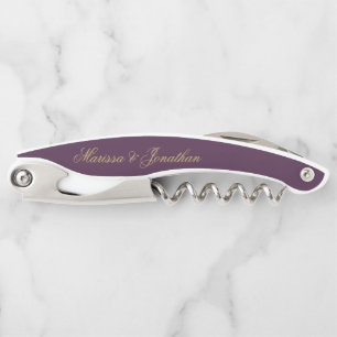 Elegant Plum Gold Script Calligraphy Wedding Corkscrew
