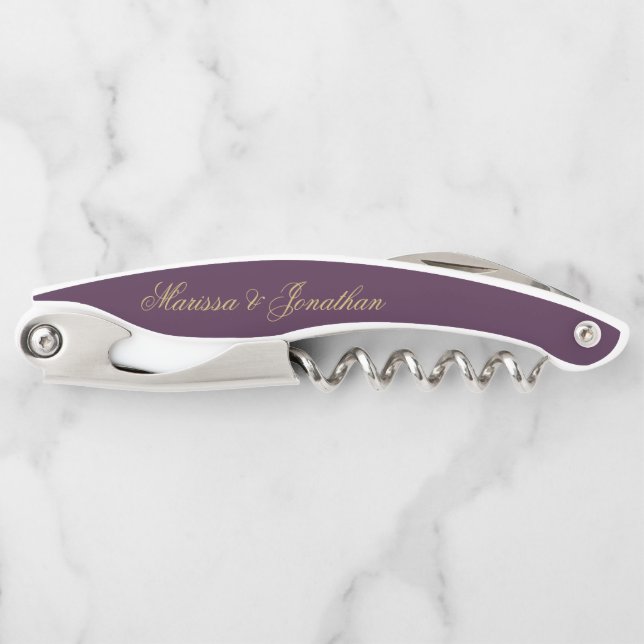 Elegant Plum Gold Script Calligraphy Wedding Corkscrew (Front)