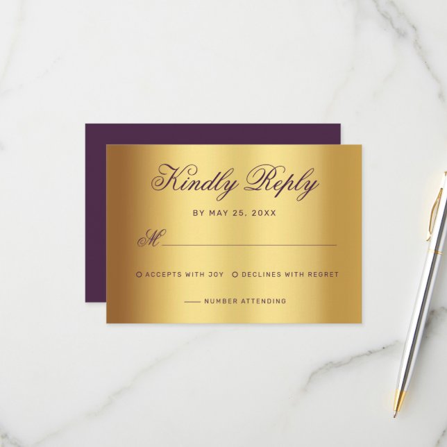 Elegant Plum Gold Script Calligraphy Wedding RSVP Card (Front/Back In Situ)