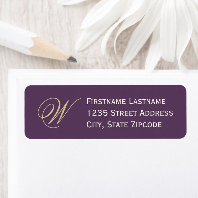 Elegant Plum Gold Script Monogram Return Address Label (Insitu)