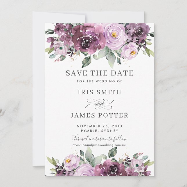 Elegant Plum Mauve Purple Floral Wedding  Save The Date (Front)