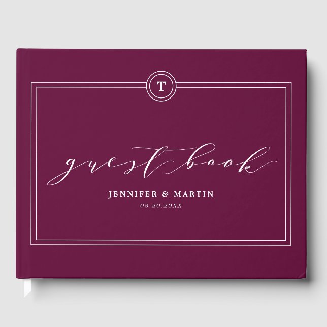 Elegant Plum Monogram Calligraphy Wedding Guest Book (Front)