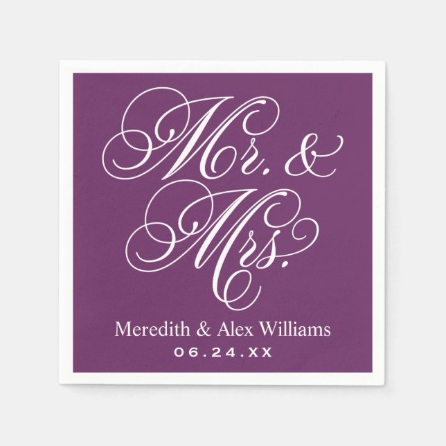 Elegant Plum Mr and Mrs Script Custom Monogram Napkin (Front)
