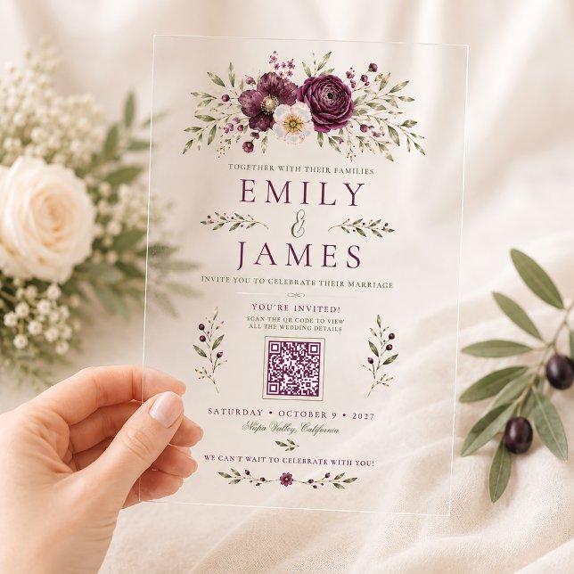 Elegant Plum Olive Botanical QR Code Wedding Acrylic Invitations (Creator Uploaded)