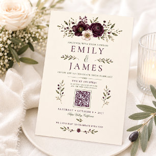 Elegant Plum Olive Botanical QR Code Wedding Invitation