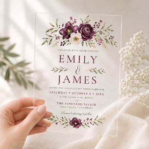 Elegant Plum Olive Botanical Wedding Acrylic Invitations
