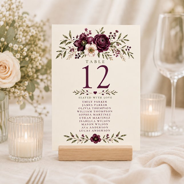 Elegant Plum Olive Botanical Wedding Seating Chart Table Number (Creator Uploaded)