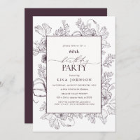 Elegant Plum Purple 60th Birthday Floral Line Art