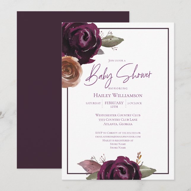Elegant Plum, Purple and Gold Baby Shower Invitation (Front/Back)