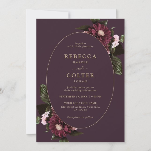 Elegant Plum Purple Burgundy Floral Wedding  Invitation (Front)