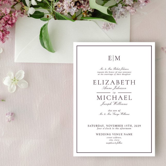 Elegant Plum Purple Classic Monogram Wedding Invitation (Creator Uploaded)