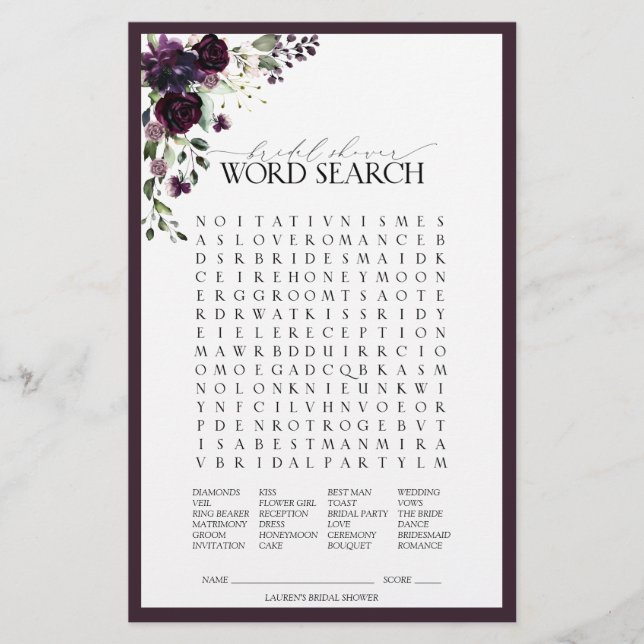 Elegant Plum Purple Floral Bridal Shower Game (Front)