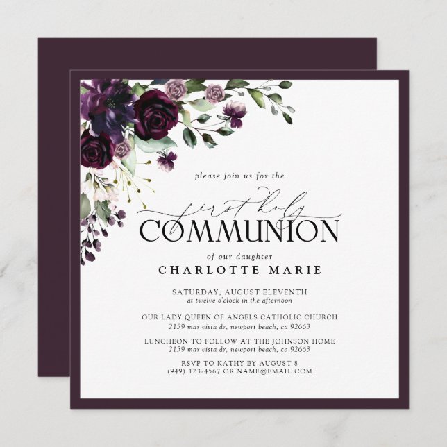 Elegant Plum Purple Floral First Holy Communion Invitation (Front/Back)