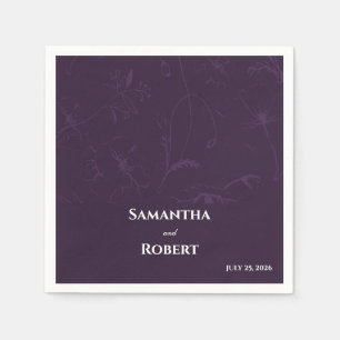 Elegant Plum Purple Floral Line Art Paper Napkin