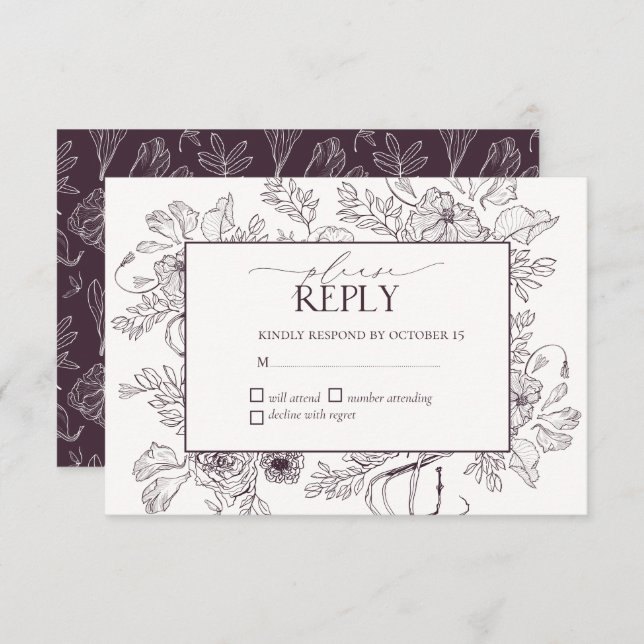 Elegant Plum Purple Floral Line Art Wedding RSVP Card (Front/Back)