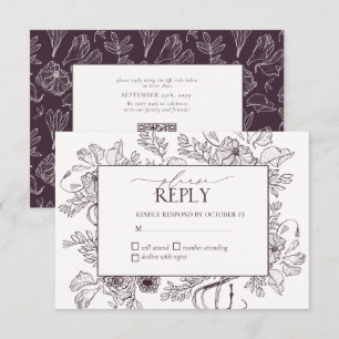 Elegant Plum Purple Floral Line Art Wedding RSVP Card