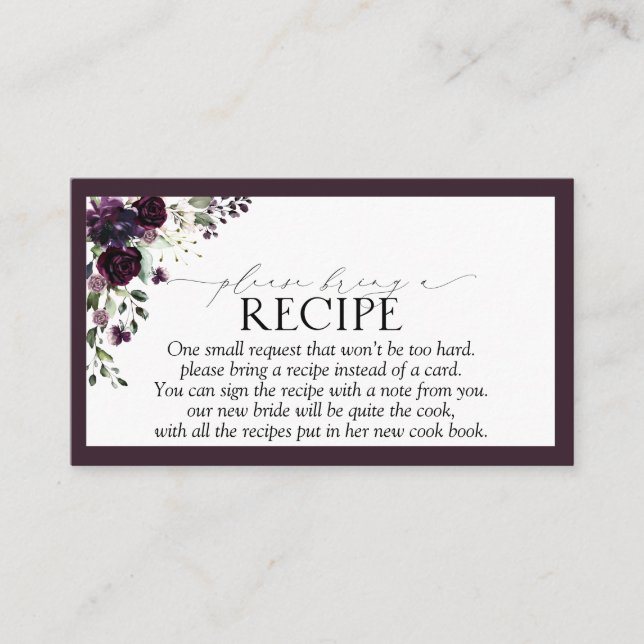 Elegant Plum Purple Floral Please Bring A Recipe Enclosure Card (Front)