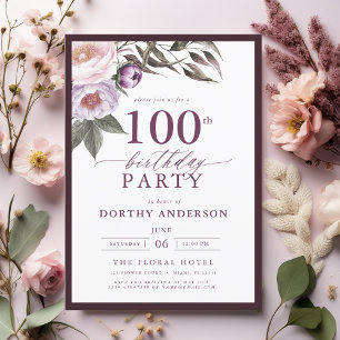 Elegant Plum Purple Floral Script 100th Birthday Invitation