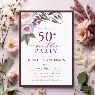 Elegant Plum Purple Floral Script 50th Birthday Invitation
