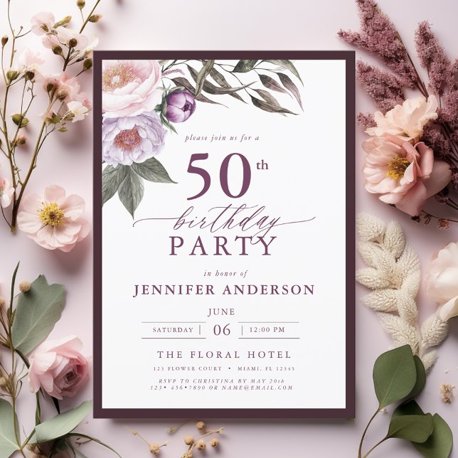 Elegant Plum Purple Floral Script 50th Birthday Invitation (Creator Uploaded)
