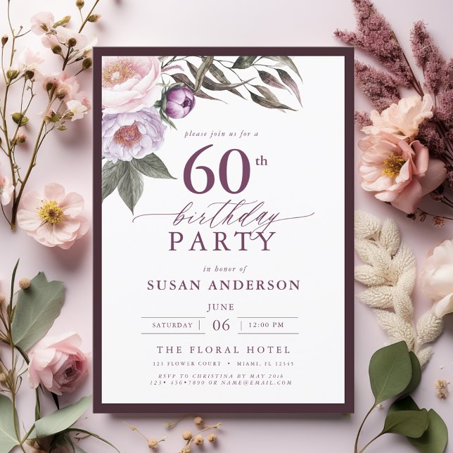 Elegant Plum Purple Floral Script 60th Birthday Invitation (Creator Uploaded)