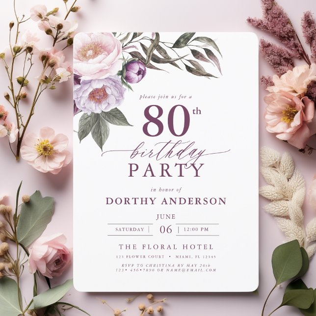 Elegant Plum Purple Floral Script 80th Birthday Invitation (Creator Uploaded)