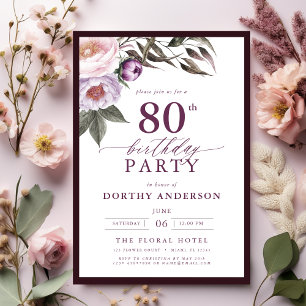 Elegant Plum Purple Floral Script 80th Birthday Invitation