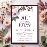 Elegant Plum Purple Floral Script 80th Birthday Invitation<br><div class="desc">Set the tone for a sophisticated celebration with an elegant plum purple floral script birthday invitation. Featuring rich plum tones and delicate floral accents, this design exudes a sense of luxury and refinement. The graceful script typography adds a personalised touch, perfect for a milestone birthday or formal event. Ideal for...</div>