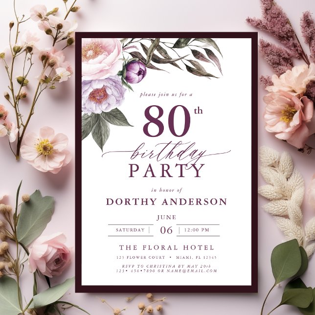Elegant Plum Purple Floral Script 80th Birthday Invitation (Creator Uploaded)