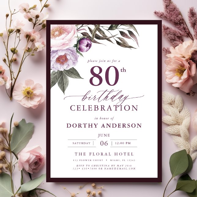 Elegant Plum Purple Floral Script 80th Birthday Invitation (Creator Uploaded)