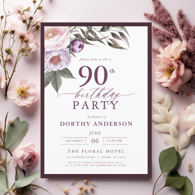 Elegant Plum Purple Floral Script 90th Birthday Invitation (Creator Uploaded)