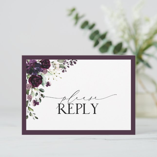 Elegant Plum Purple Floral Watercolor RSVP Card (Standing Front)