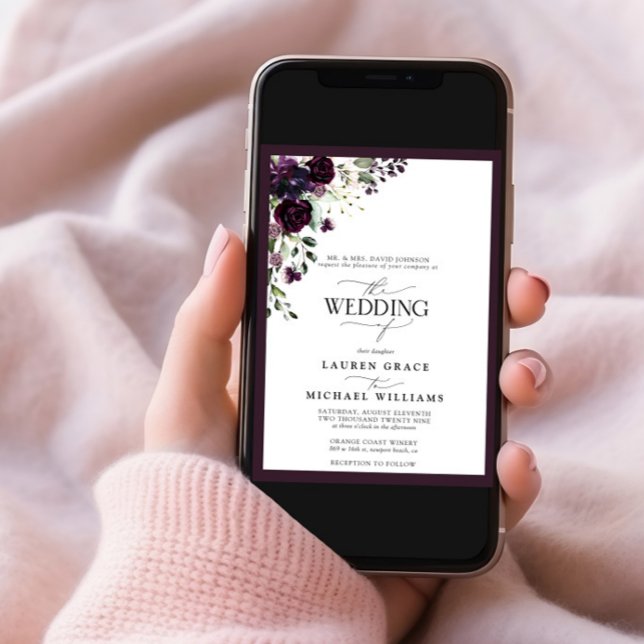 Elegant Plum Purple Floral Watercolor Script Invitation (Creator Uploaded)